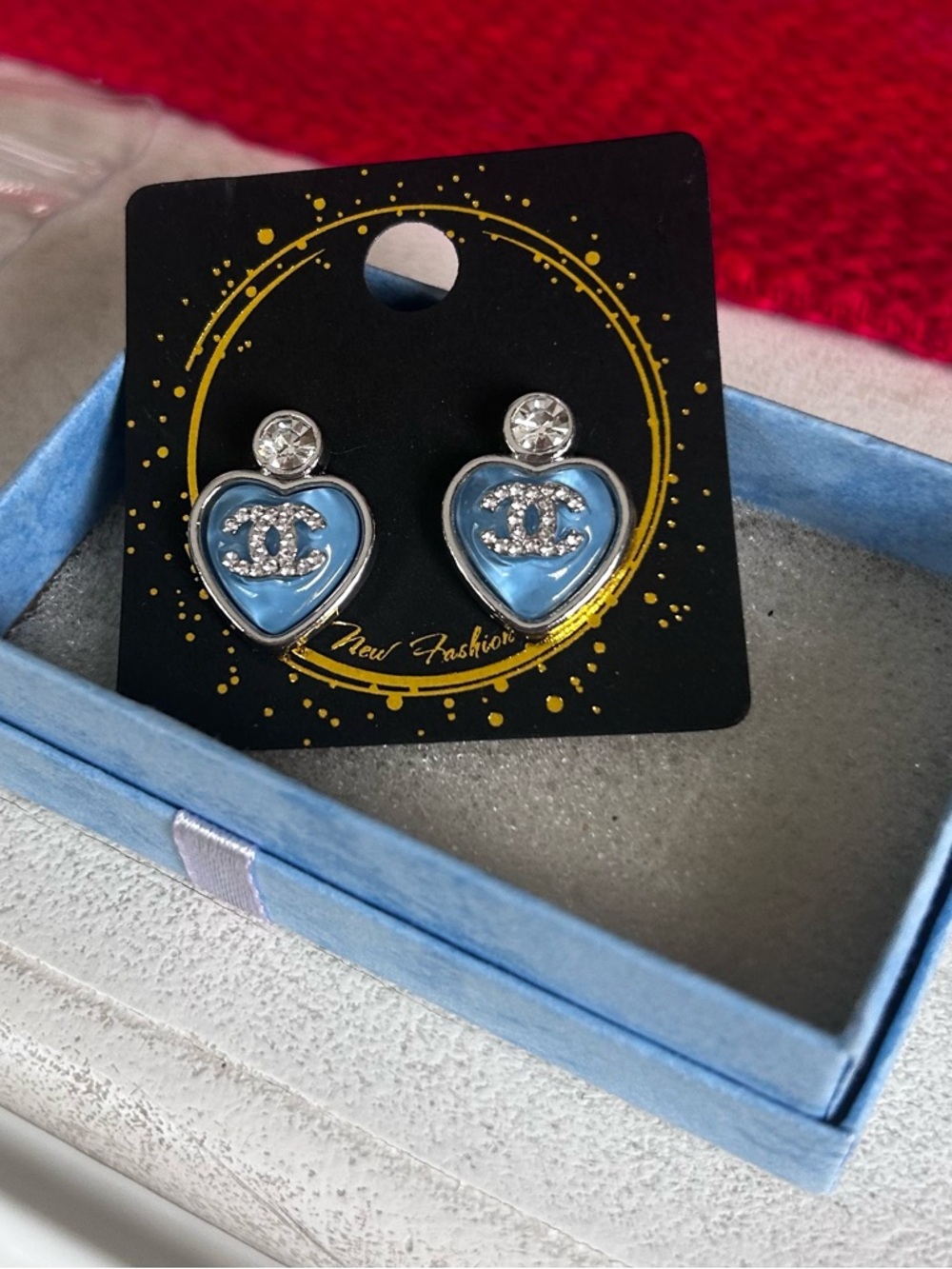 Blue Heart Crystal Fashion Stud Earrings, NEW
